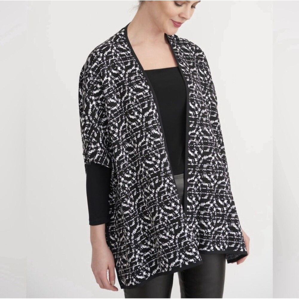 Joseph Ribkoff Womens Black Open Front Cardigan Sweater Sleeve Size 12 White